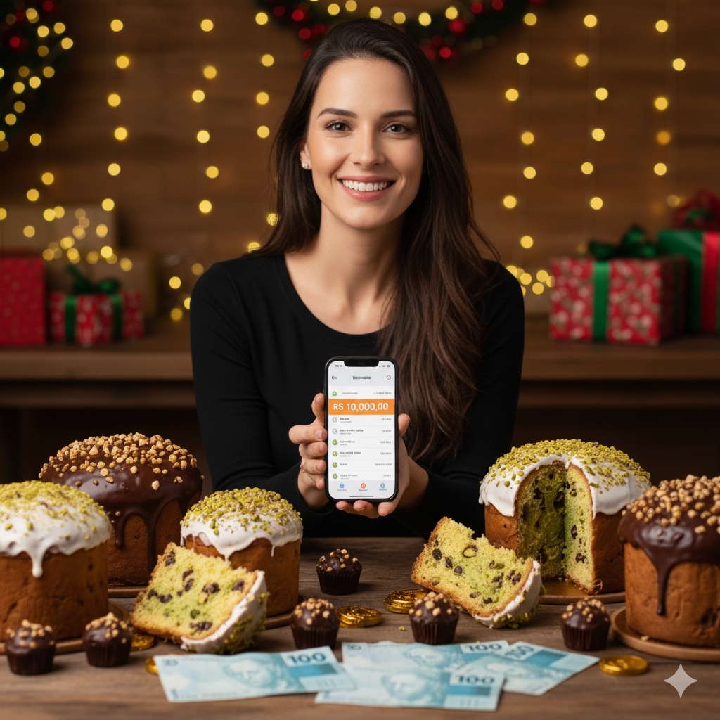 Mulher com Panetones e Celular